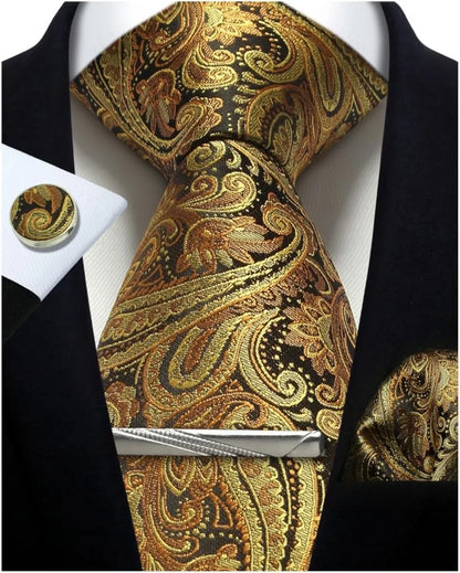 Mens Silk Tie Set - Silver Paisley Necktie with Pocket Square  Cufflinks for Formal Events - ZOOMNSTORE