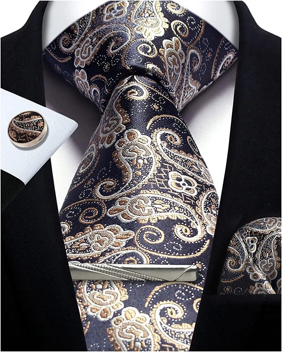 Mens Silk Tie Set - Silver Paisley Necktie with Pocket Square  Cufflinks for Formal Events - ZOOMNSTORE