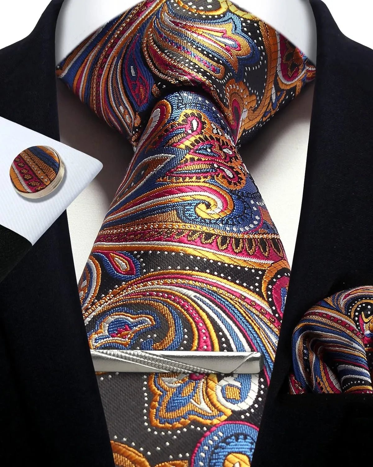 Mens Silk Tie Set - Silver Paisley Necktie with Pocket Square  Cufflinks for Formal Events - ZOOMNSTORE