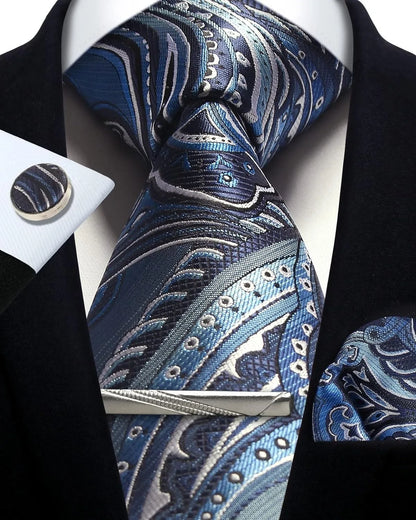 Mens Silk Tie Set - Silver Paisley Necktie with Pocket Square  Cufflinks for Formal Events - ZOOMNSTORE