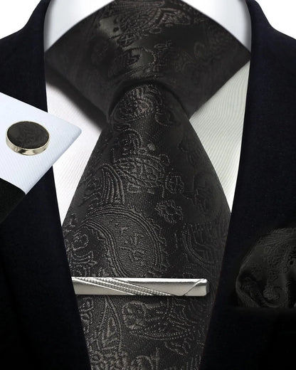 Mens Silk Tie Set - Silver Paisley Necktie with Pocket Square  Cufflinks for Formal Events - ZOOMNSTORE