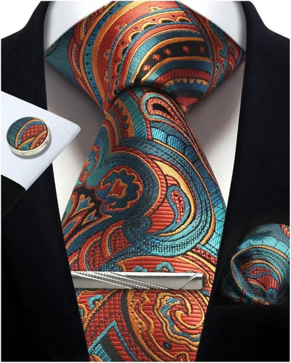 Mens Silk Tie Set - Silver Paisley Necktie with Pocket Square  Cufflinks for Formal Events - ZOOMNSTORE