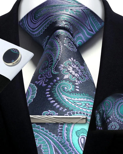 Mens Silk Tie Set - Silver Paisley Necktie with Pocket Square  Cufflinks for Formal Events - ZOOMNSTORE