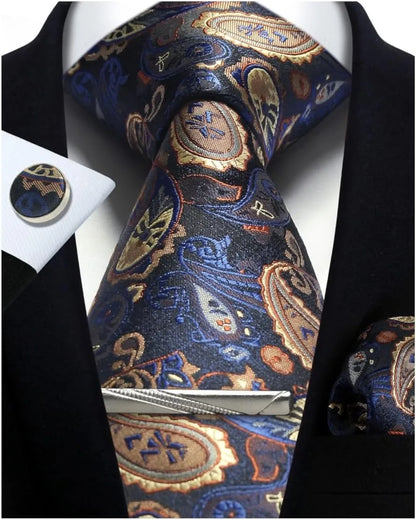 Mens Silk Tie Set - Silver Paisley Necktie with Pocket Square  Cufflinks for Formal Events - ZOOMNSTORE
