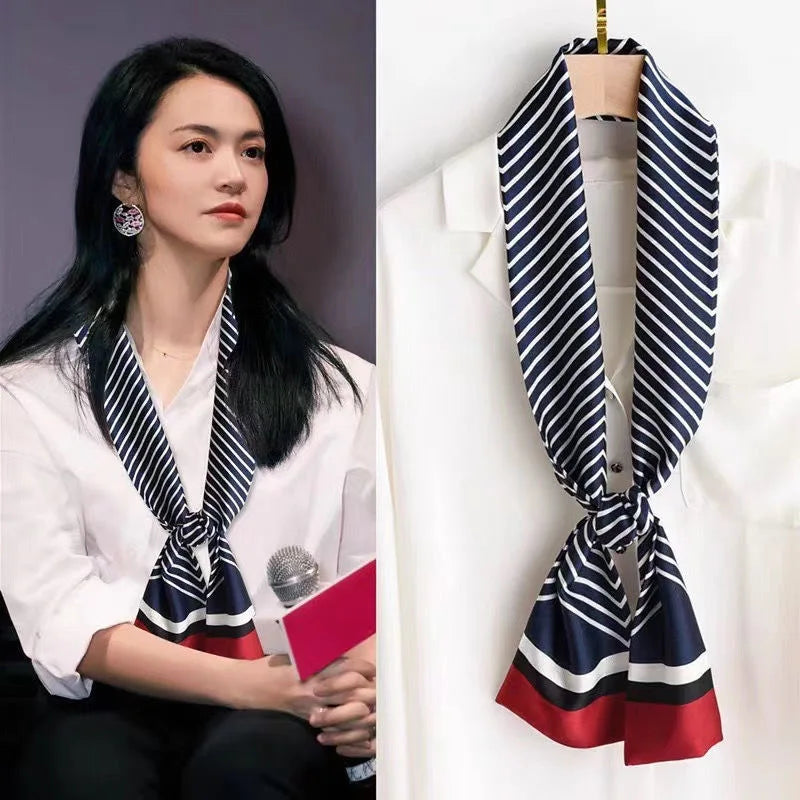 Striped Satin Silk Scarf for Women - Double-Sided Luxury Neck Neckerchief - ZOOMNSTORE