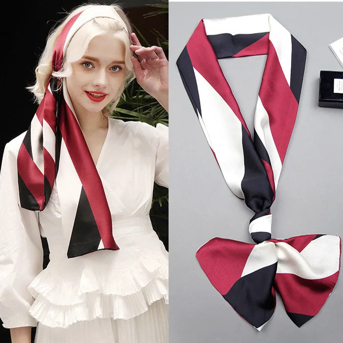 Striped Satin Silk Scarf for Women - Double-Sided Luxury Neck Neckerchief - ZOOMNSTORE