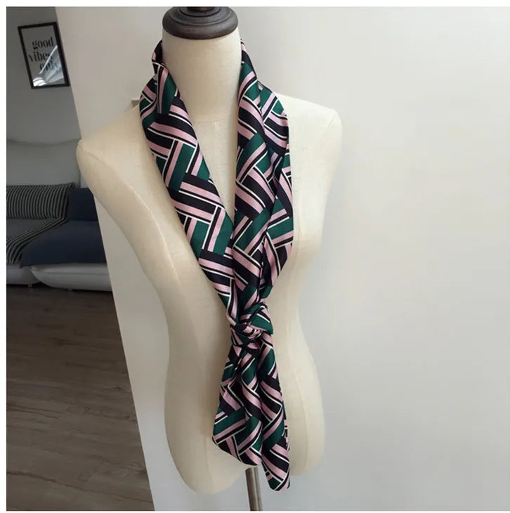 Striped Satin Silk Scarf for Women - Double-Sided Luxury Neck Neckerchief - ZOOMNSTORE