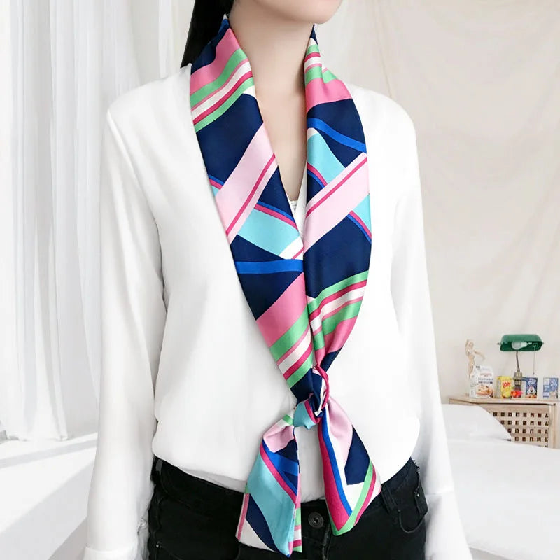 Striped Satin Silk Scarf for Women - Double-Sided Luxury Neck Neckerchief - ZOOMNSTORE