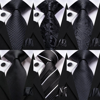 Black Floral Silk Wedding Tie Set - Elegant Necktie with Handkerchief  Cufflinks for Men - ZOOMNSTORE