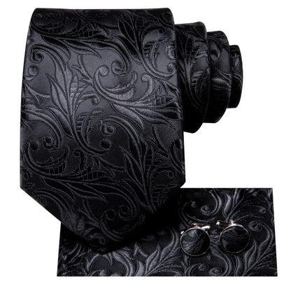 Black Floral Silk Wedding Tie Set - Elegant Necktie with Handkerchief  Cufflinks for Men - ZOOMNSTORE