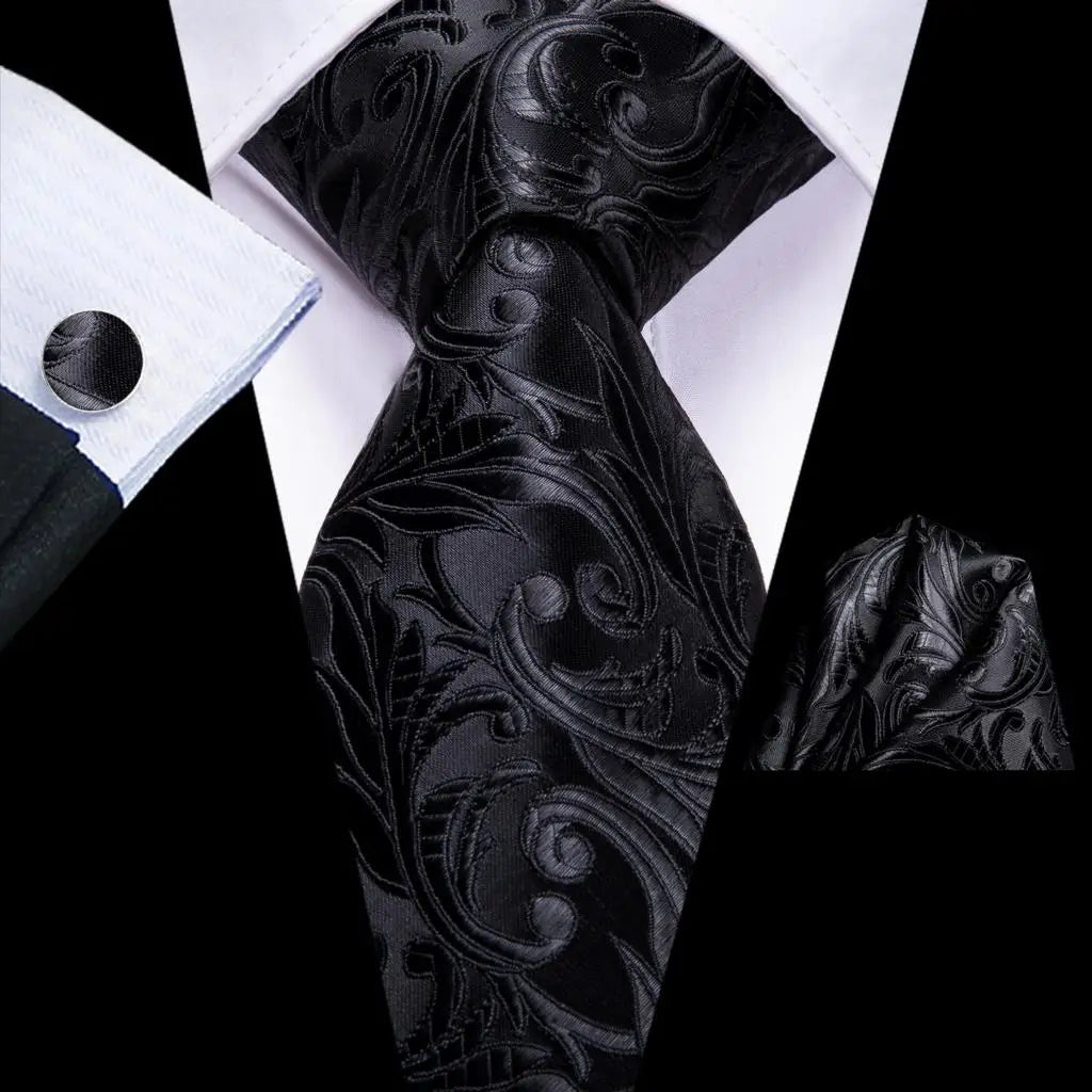Black Floral Silk Wedding Tie Set - Elegant Necktie with Handkerchief  Cufflinks for Men - ZOOMNSTORE
