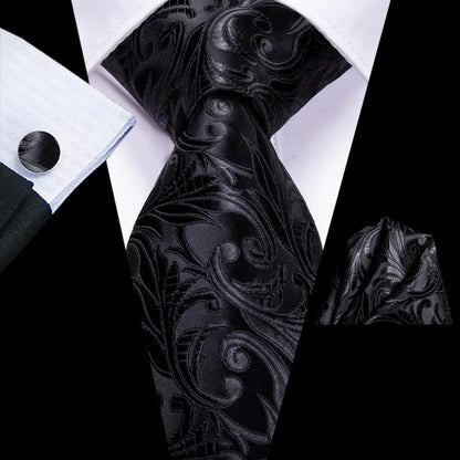 Black Floral Silk Wedding Tie Set - Elegant Necktie with Handkerchief  Cufflinks for Men - ZOOMNSTORE
