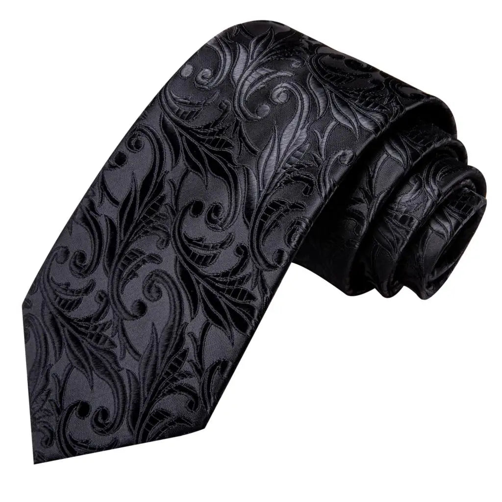Black Floral Silk Wedding Tie Set - Elegant Necktie with Handkerchief  Cufflinks for Men - ZOOMNSTORE