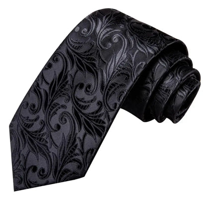 Black Floral Silk Wedding Tie Set - Elegant Necktie with Handkerchief  Cufflinks for Men - ZOOMNSTORE