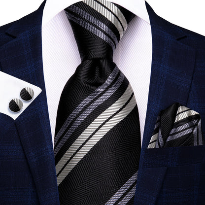 Black Floral Silk Wedding Tie Set - Elegant Necktie with Handkerchief  Cufflinks for Men - ZOOMNSTORE