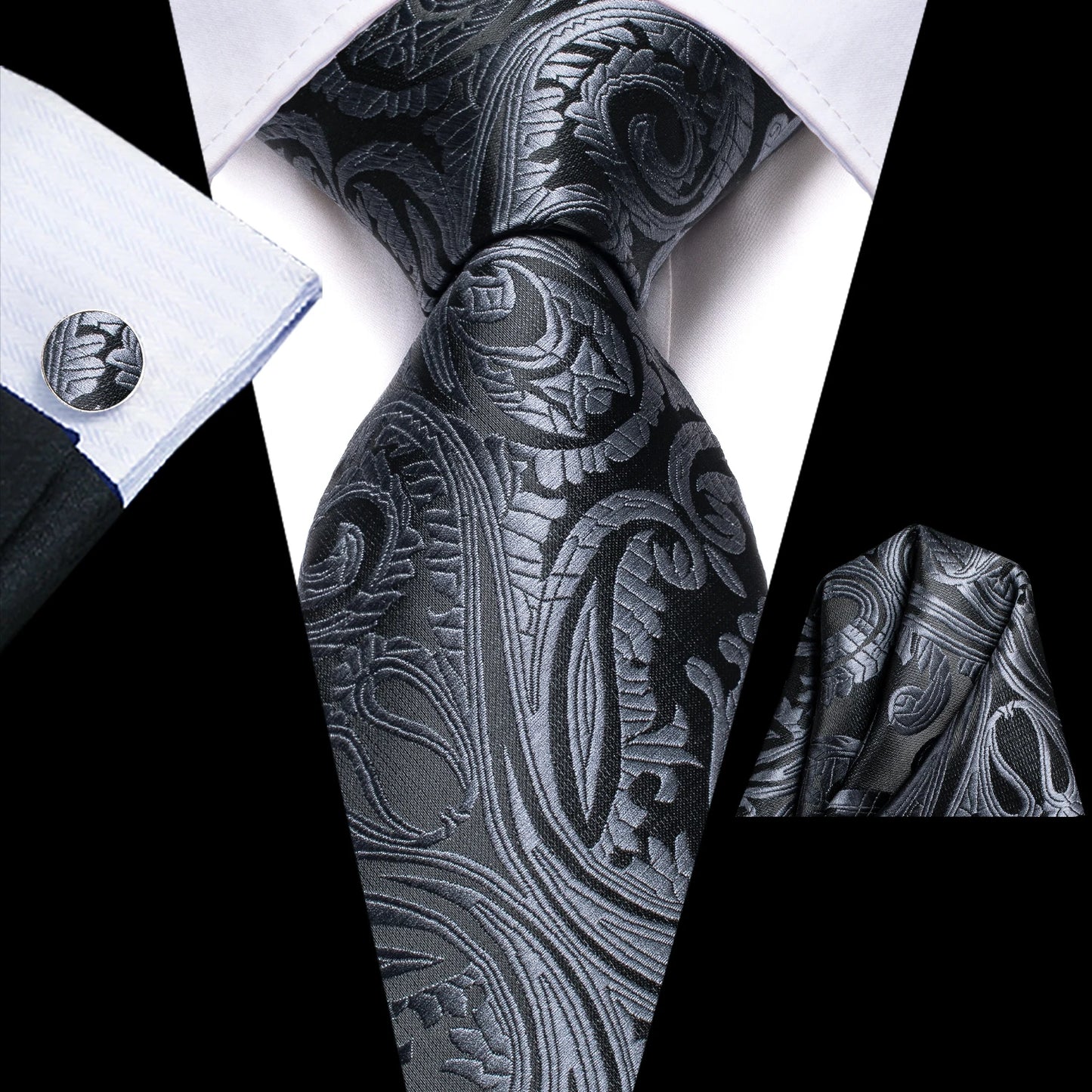 Black Floral Silk Wedding Tie Set - Elegant Necktie with Handkerchief  Cufflinks for Men - ZOOMNSTORE