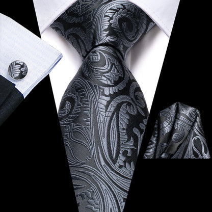 Black Floral Silk Wedding Tie Set - Elegant Necktie with Handkerchief  Cufflinks for Men - ZOOMNSTORE