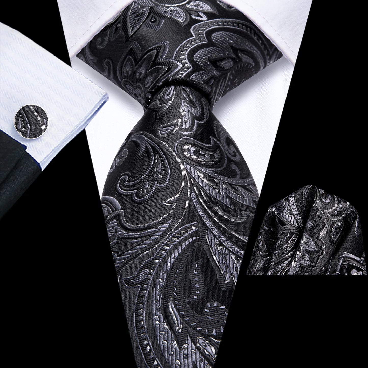 Black Floral Silk Wedding Tie Set - Elegant Necktie with Handkerchief  Cufflinks for Men - ZOOMNSTORE