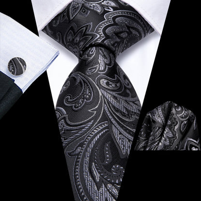 Black Floral Silk Wedding Tie Set - Elegant Necktie with Handkerchief  Cufflinks for Men - ZOOMNSTORE