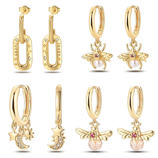 Silver Gold Pearl Earrings - 925 Sterling Silver Bee Star Moon Design Studs - ZOOMNSTORE