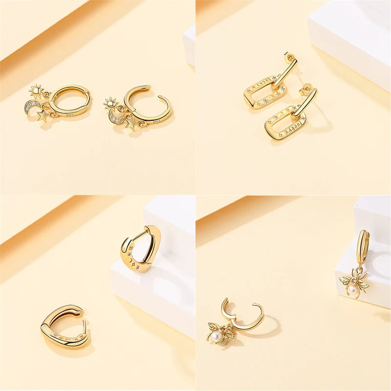 Silver Gold Pearl Earrings - 925 Sterling Silver Bee Star Moon Design Studs - ZOOMNSTORE