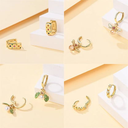 Silver Gold Pearl Earrings - 925 Sterling Silver Bee Star Moon Design Studs - ZOOMNSTORE