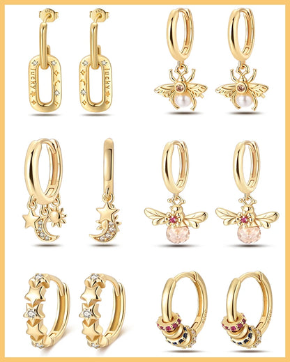 Silver Gold Pearl Earrings - 925 Sterling Silver Bee Star Moon Design Studs - ZOOMNSTORE
