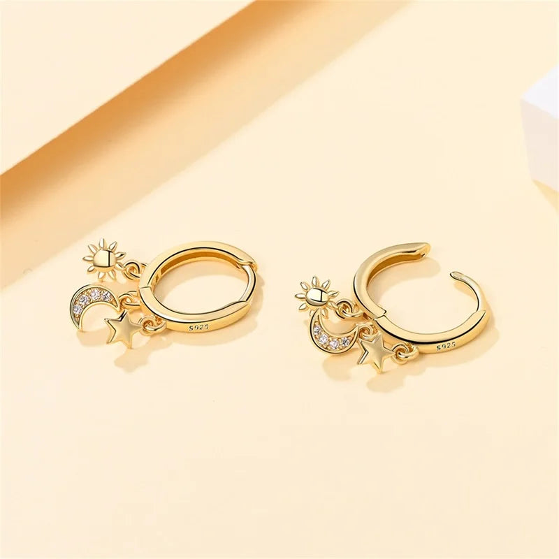 Silver Gold Pearl Earrings - 925 Sterling Silver Bee Star Moon Design Studs - ZOOMNSTORE