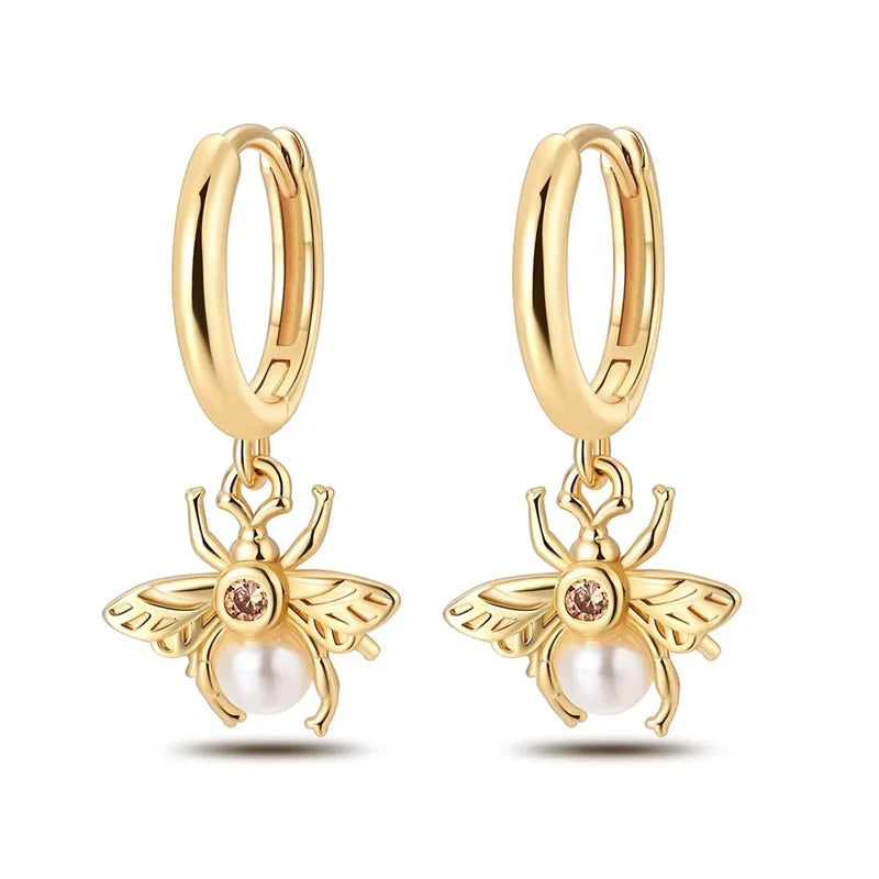 Silver Gold Pearl Earrings - 925 Sterling Silver Bee Star Moon Design Studs - ZOOMNSTORE
