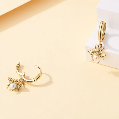 Silver Gold Pearl Earrings - 925 Sterling Silver Bee Star Moon Design Studs - ZOOMNSTORE