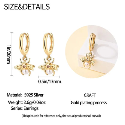 Silver Gold Pearl Earrings - 925 Sterling Silver Bee Star Moon Design Studs - ZOOMNSTORE