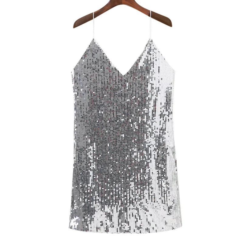 Silver Sequined Dress - V Neck Mini Backless Party Dress With Spaghetti Straps - ZOOMNSTORE