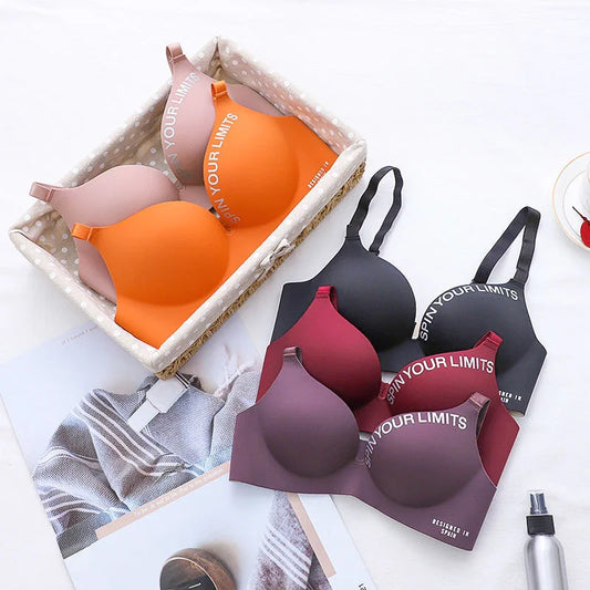 Simplicity Letters Printed Bra Sexy Deep V Thin Women's Lingerie Seamless Cup Surface Bralette No steel rings gather Brassiere - ZOOMNSTORE