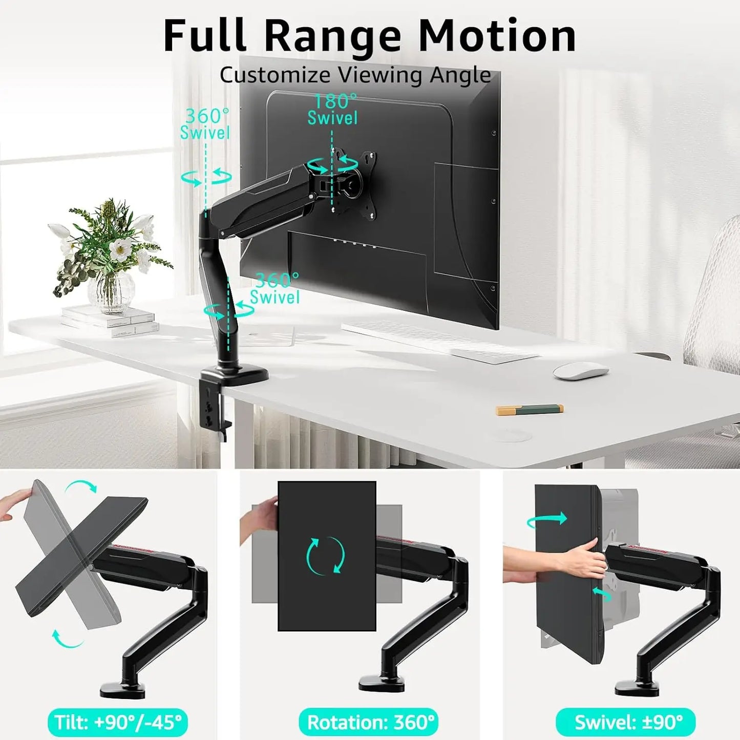 Single Monitor Mount - Adjustable Gas Spring Arm with VESA 75/100mm for 13-32 Inch Screens - ZOOMNSTORE