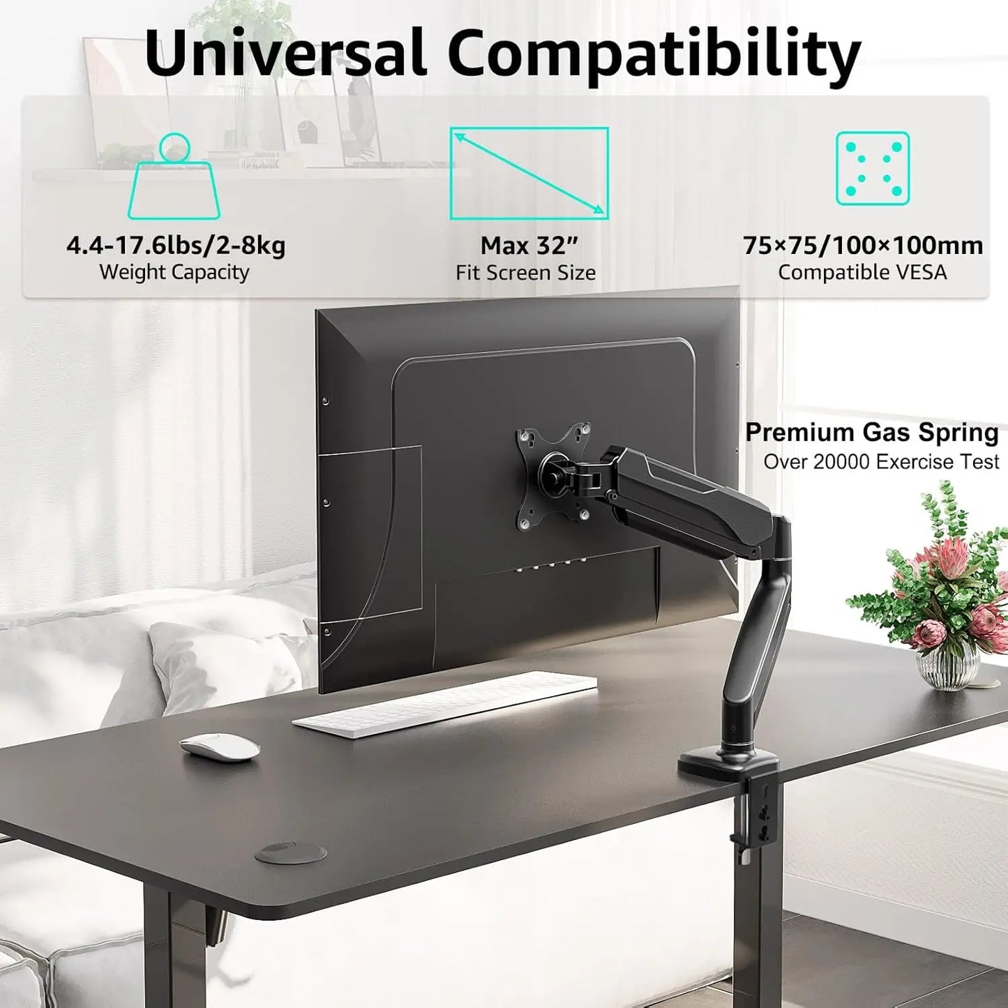 Single Monitor Mount - Adjustable Gas Spring Arm with VESA 75/100mm for 13-32 Inch Screens - ZOOMNSTORE