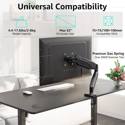 Single Monitor Mount - Adjustable Gas Spring Arm with VESA 75/100mm for 13-32 Inch Screens - ZOOMNSTORE