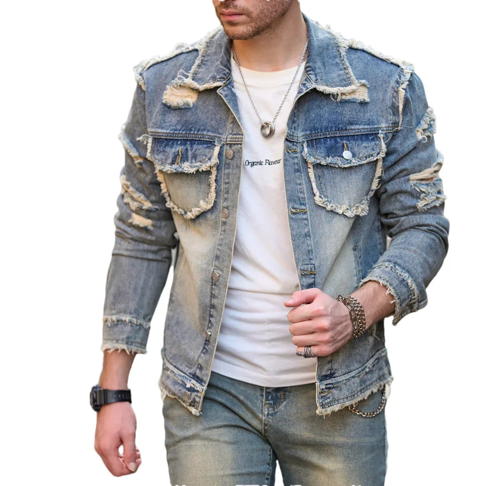 Street Stylish Retro Style Holes Slim Street Denim Jacket Coat Good Quality Distressed Male Casual Denim Jacket - ZOOMNSTORE