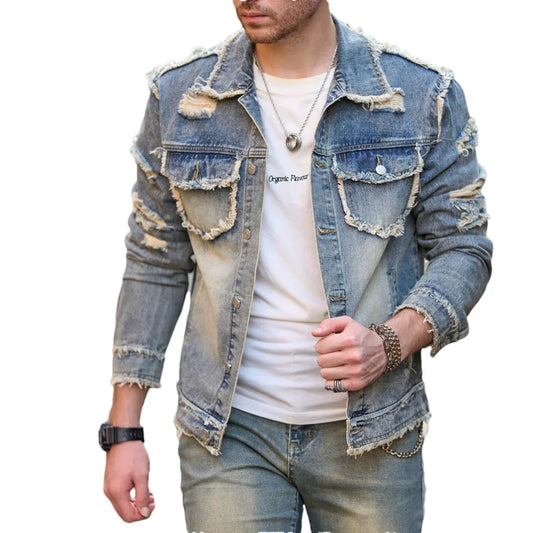 Street Stylish Retro Style Holes Slim Street Denim Jacket Coat Good Quality Distressed Male Casual Denim Jacket - ZOOMNSTORE