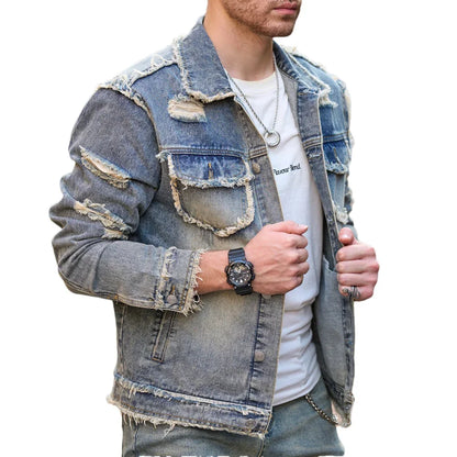 Street Stylish Retro Style Holes Slim Street Denim Jacket Coat Good Quality Distressed Male Casual Denim Jacket - ZOOMNSTORE