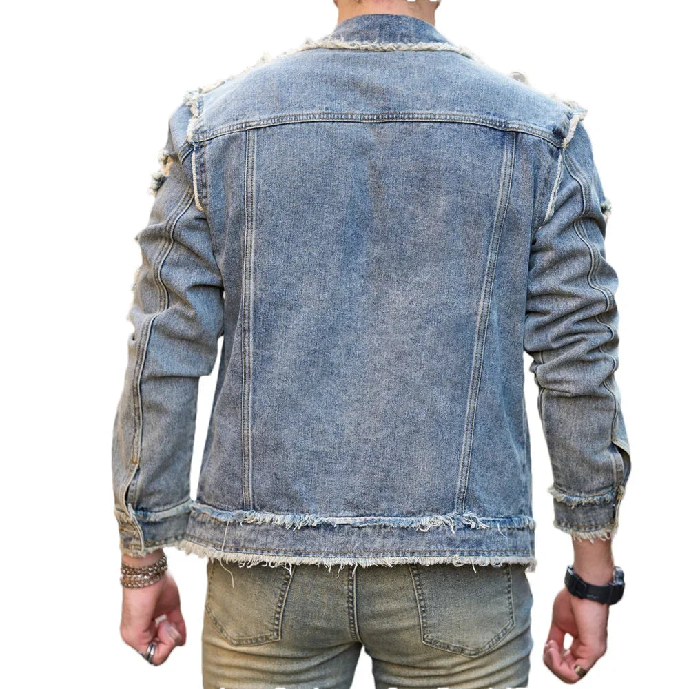 Street Stylish Retro Style Holes Slim Street Denim Jacket Coat Good Quality Distressed Male Casual Denim Jacket - ZOOMNSTORE