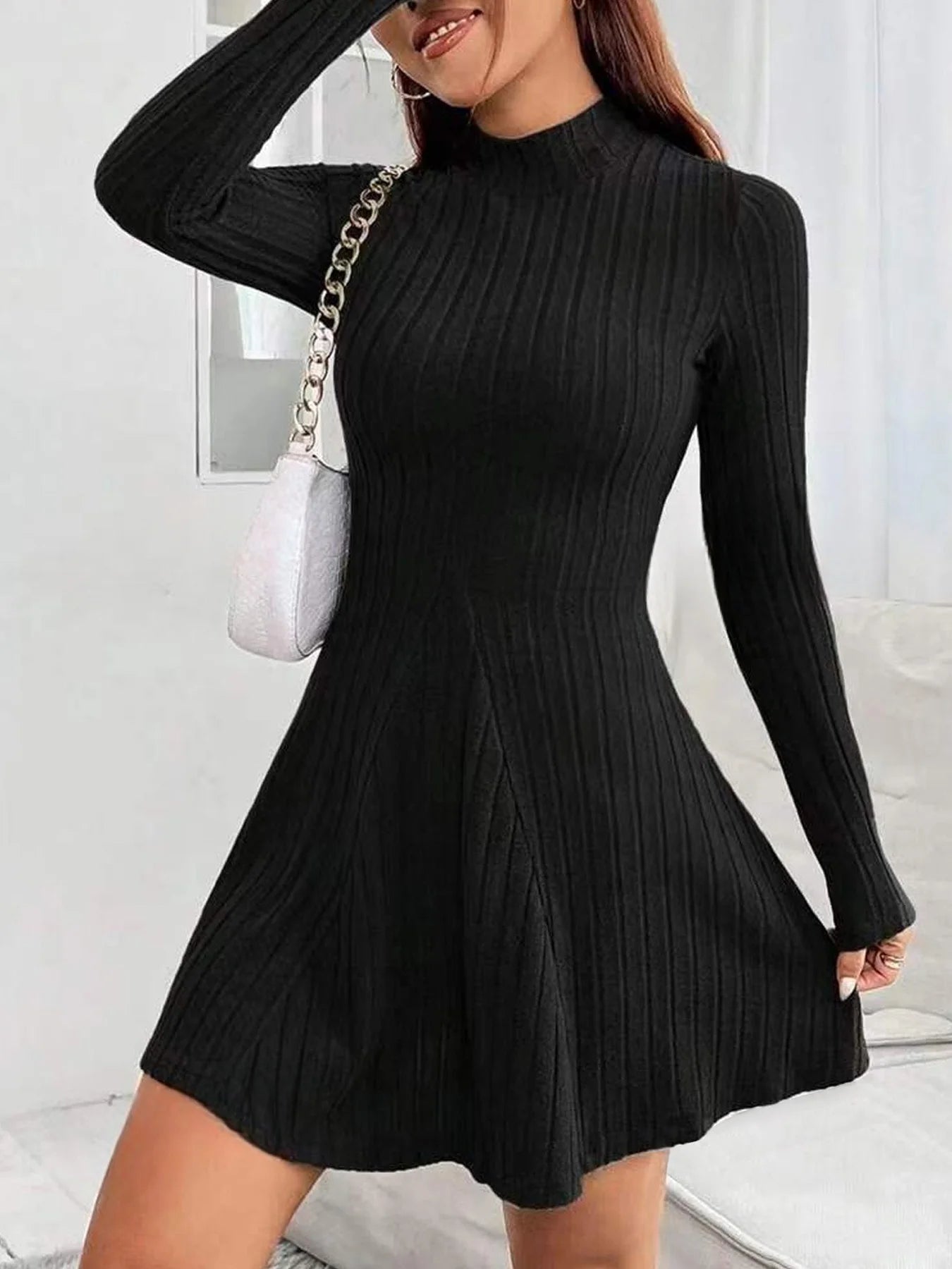 Slim Fit A-Line Dress – Women's Office Waist Cinched Mini Skirt Dress, Autumn Winter - ZOOMNSTORE