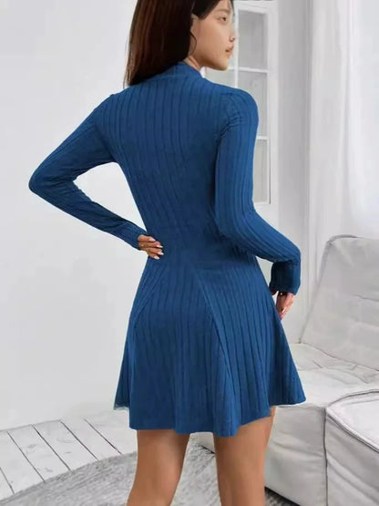 Slim Fit A-Line Dress – Women's Office Waist Cinched Mini Skirt Dress, Autumn Winter - ZOOMNSTORE