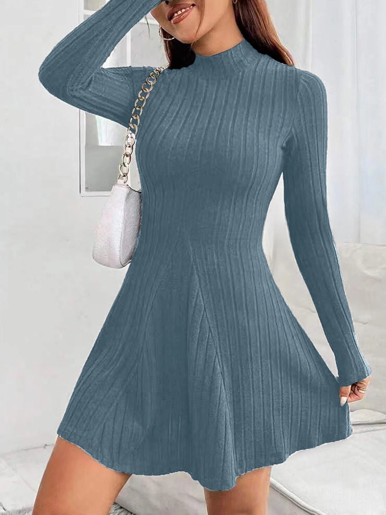 Slim Fit A-Line Dress – Women's Office Waist Cinched Mini Skirt Dress, Autumn Winter - ZOOMNSTORE