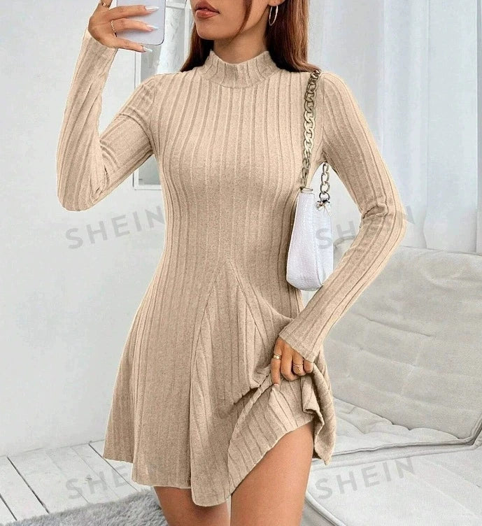 Slim Fit A-Line Dress – Women's Office Waist Cinched Mini Skirt Dress, Autumn Winter - ZOOMNSTORE