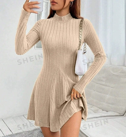 Slim Fit A-Line Dress – Women's Office Waist Cinched Mini Skirt Dress, Autumn Winter - ZOOMNSTORE