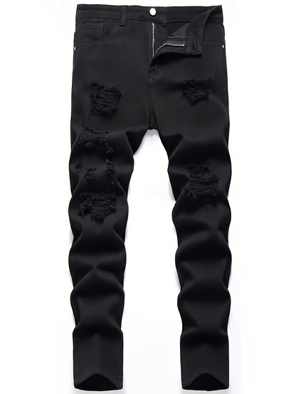 Slim Fit Denim Pants - Men's Black Perforated Button Fly Jeans, Midweight - ZOOMNSTORE