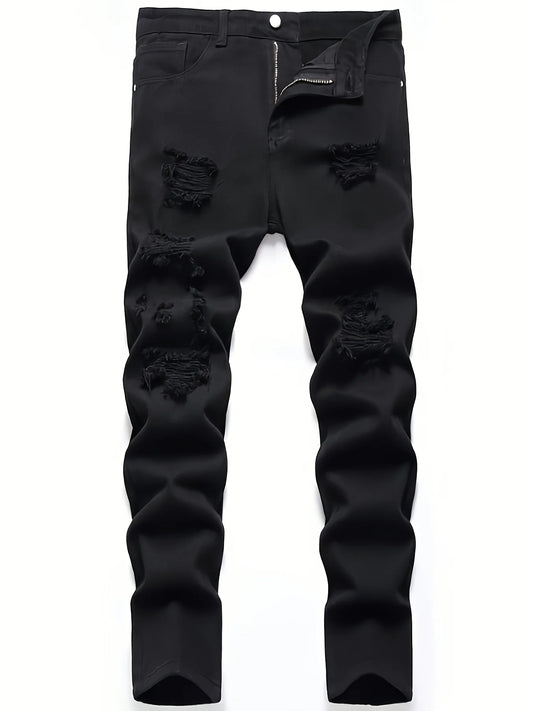 Slim Fit Denim Pants - Men's Black Perforated Button Fly Jeans, Midweight - ZOOMNSTORE