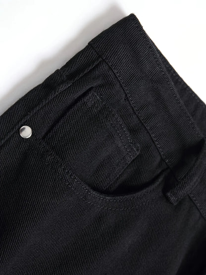 Slim Fit Denim Pants - Men's Black Perforated Button Fly Jeans, Midweight - ZOOMNSTORE