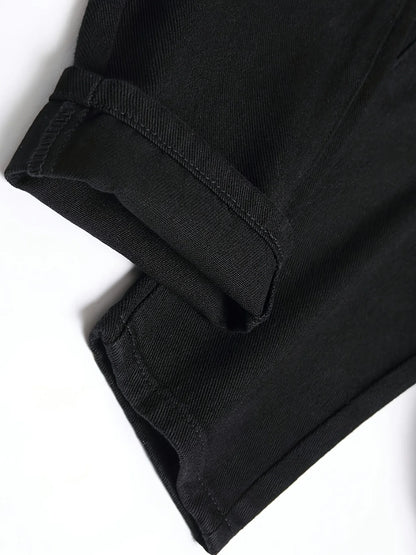 Slim Fit Denim Pants - Men's Black Perforated Button Fly Jeans, Midweight - ZOOMNSTORE