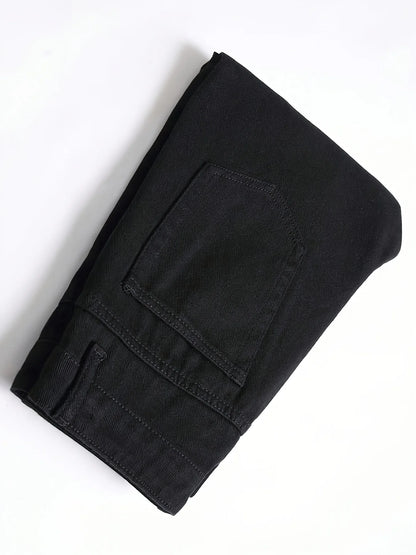 Slim Fit Denim Pants - Men's Black Perforated Button Fly Jeans, Midweight - ZOOMNSTORE
